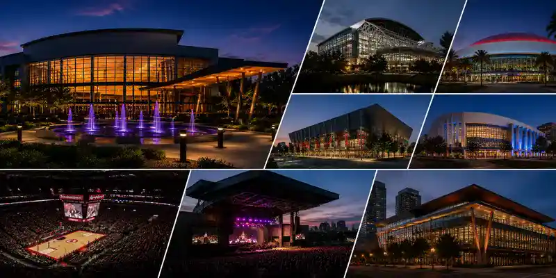 Smart Financial Centre compared with major Houston venues, featuring modern event centers, concert arenas, and sports venues at dusk.